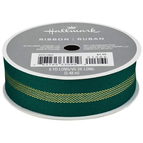 Green With Gold Stripe 7/8" Grosgrain Ribbon, 18', , large
