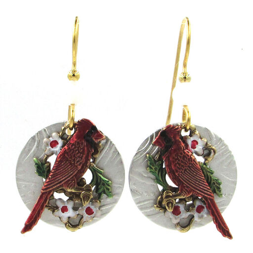 Red Cardinals Layered Metal Drop Earrings, 