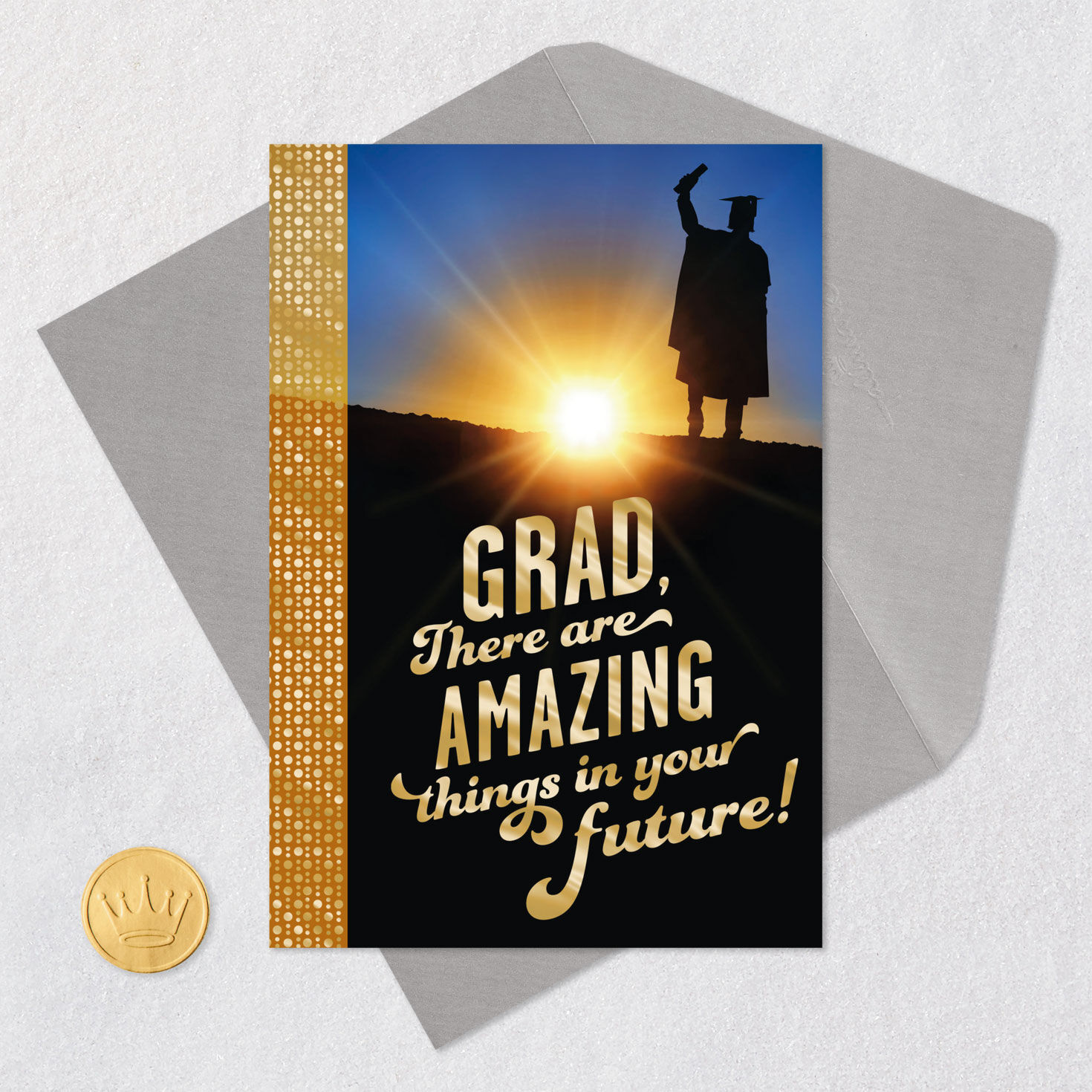 Graduate in Sunset Silhouette Gold Graduation Card Card Front with Envelope and Gold Seal image number 6