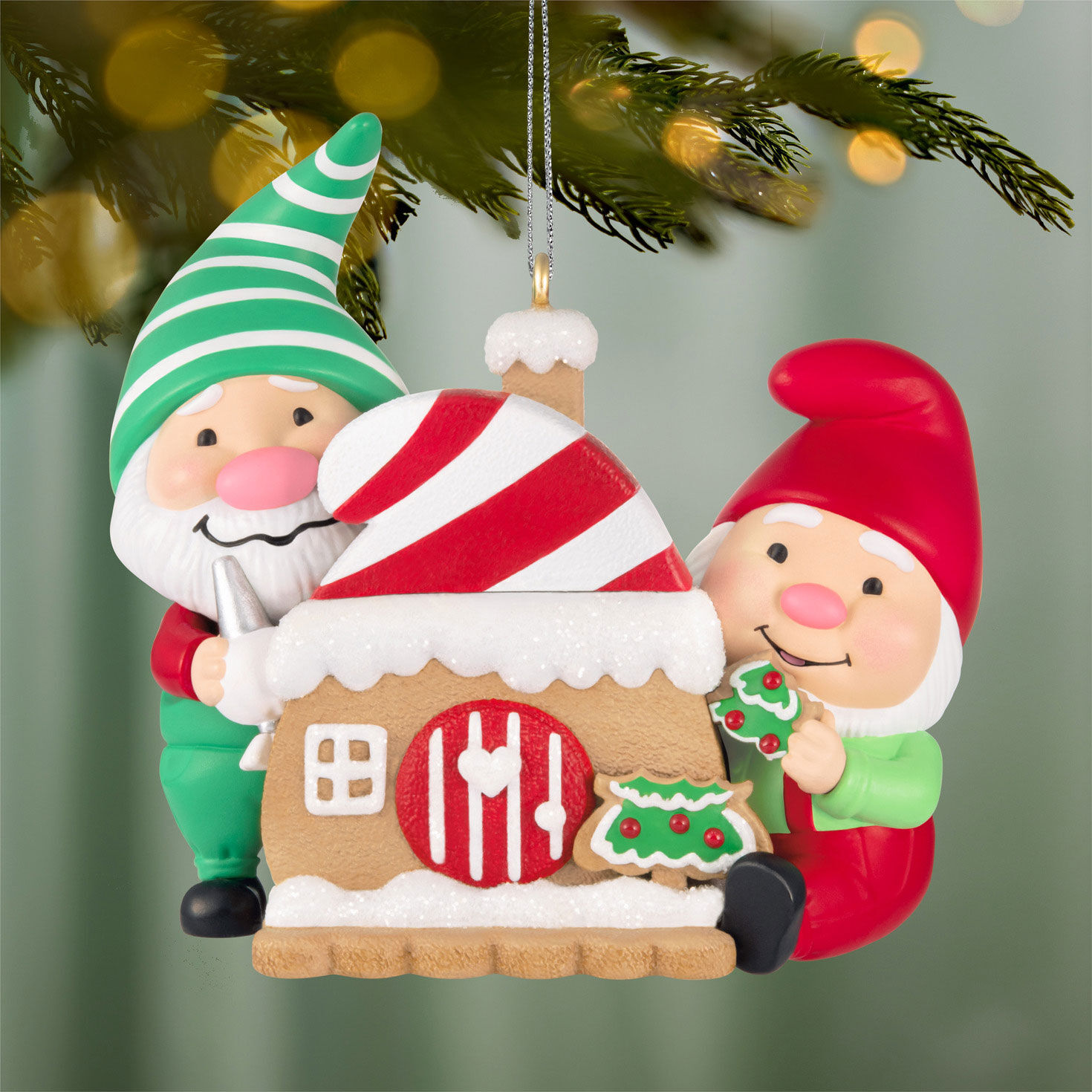 Gnomes With Gingerbread House Keepsake Ornament hanging on tree image number 2