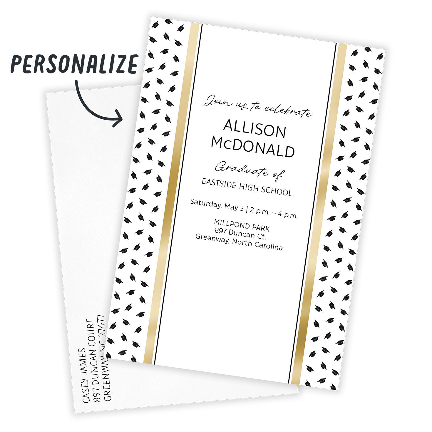 Gold Border Black Hats Grad Party Invitation Card Front indicating personalization image number 2