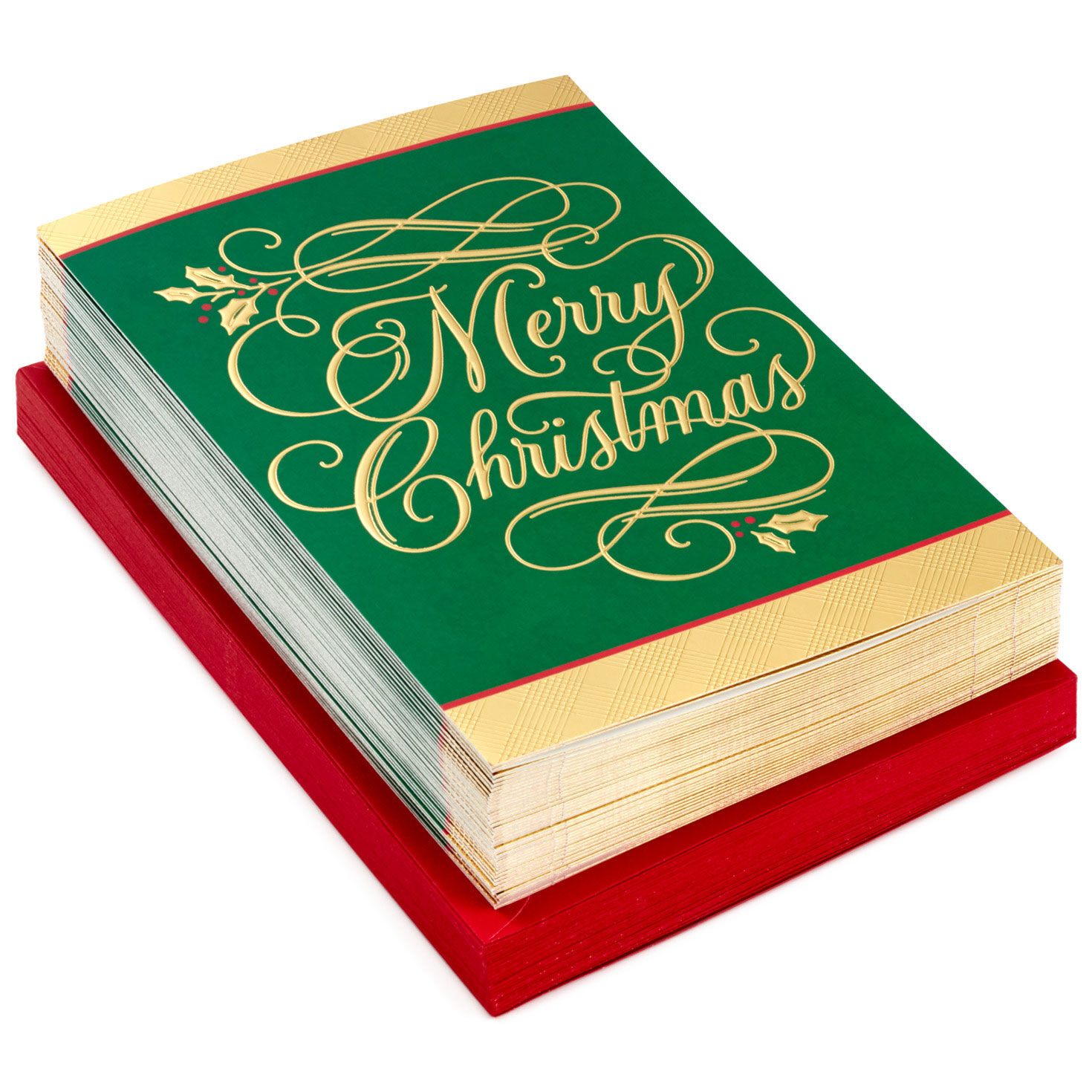 Elegant Gold on Green Christmas Cards, Box of 40
