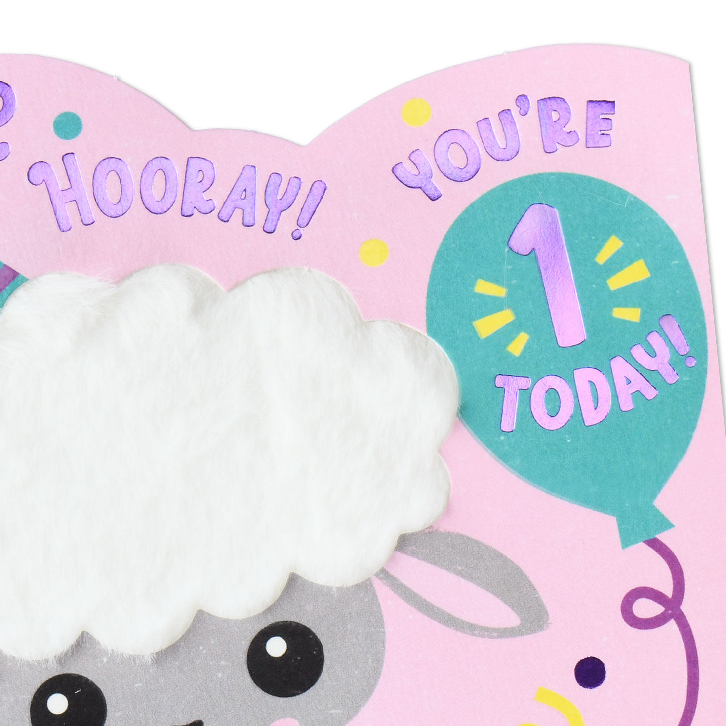 Fuzzy Lamb With Balloon First Birthday Card Card Front Detail image number 4