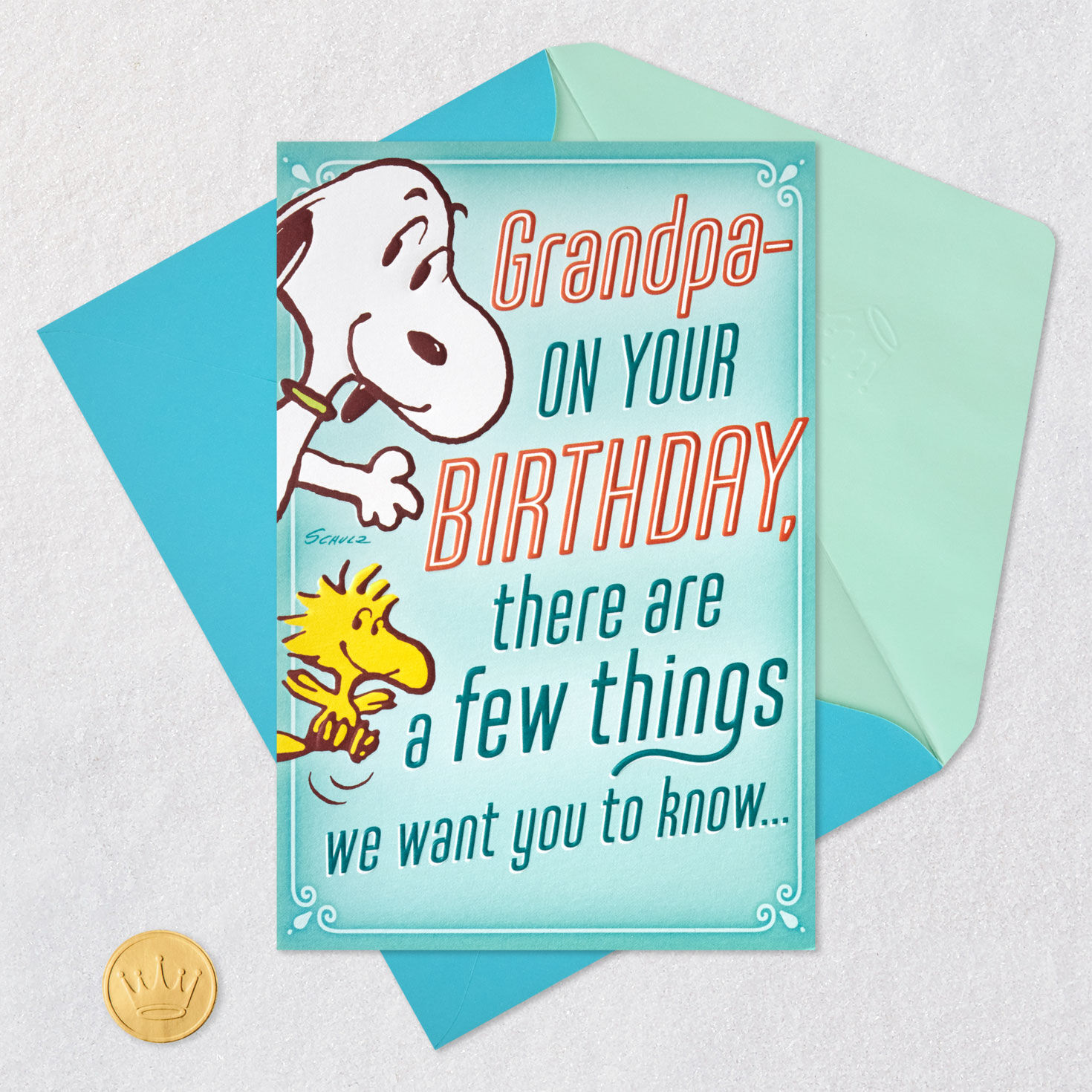 Snoopy and Woodstock Birthday Card for Grandpa Card Front with Envelope and Gold Seal image number 7
