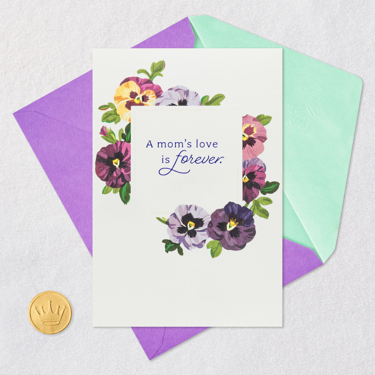 Pansies and Placard Loss of Mom Mother's Day Card Card Front with Envelope and Gold Seal image number 5