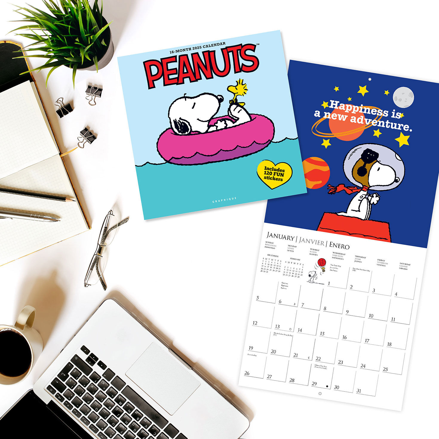 Graphique Peanuts Happiness Is... 2025 Wall Calendar With 120 Stickers