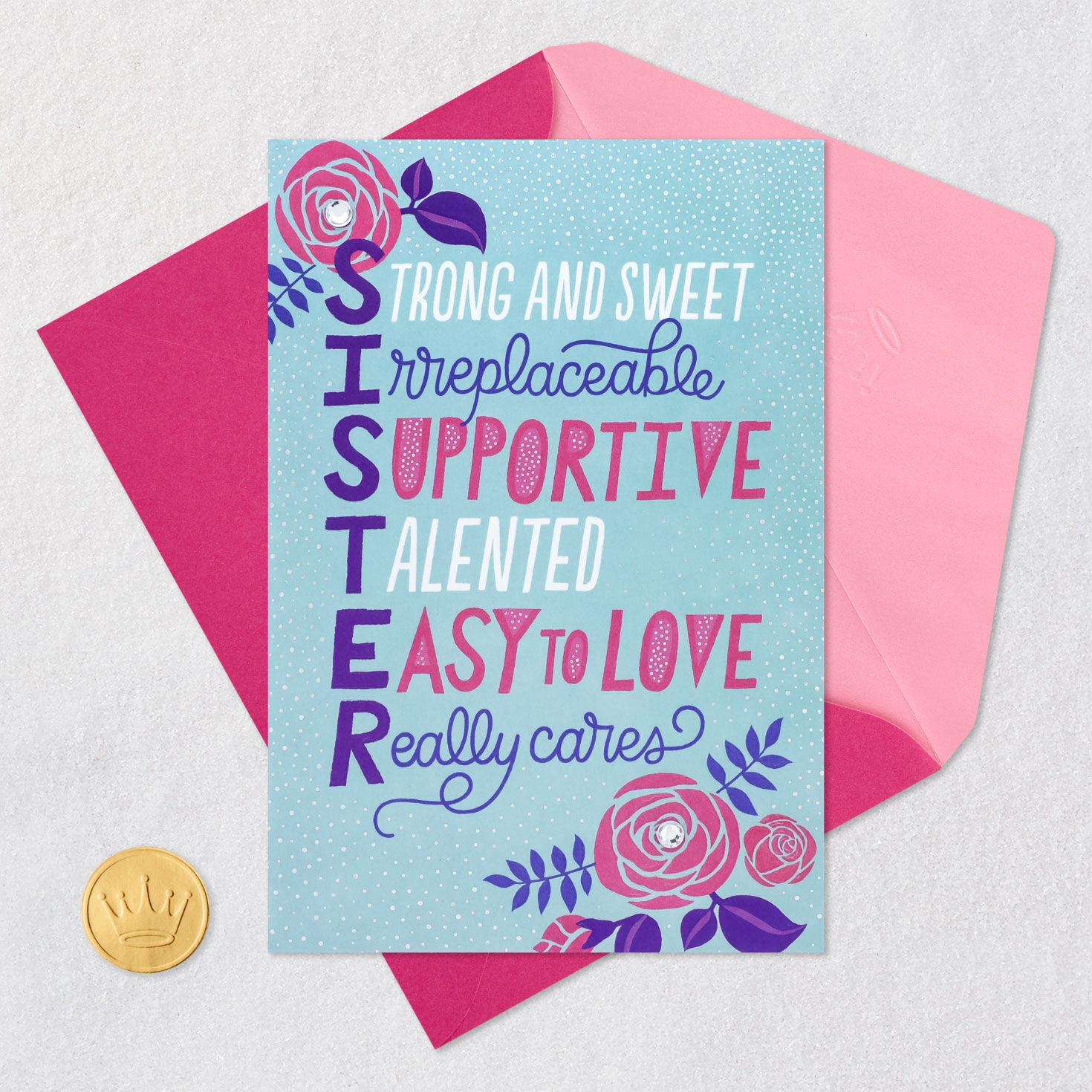 Pink Roses and Acrostic Poem Sister Birthday Card Card Front with Envelope and Gold Seal image number 5