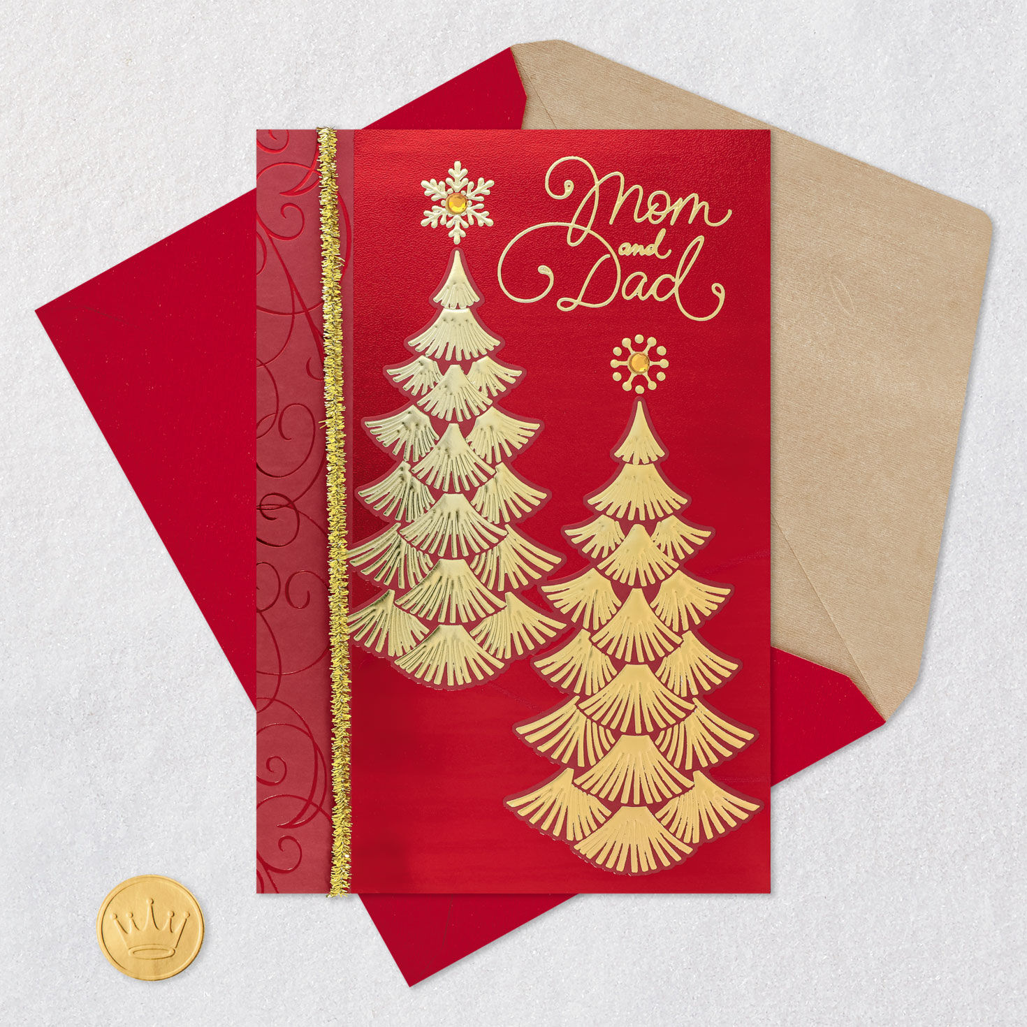 Gold Pines on Red Christmas Card for Mom and Dad Card Front with Envelope and Gold Seal image number 6