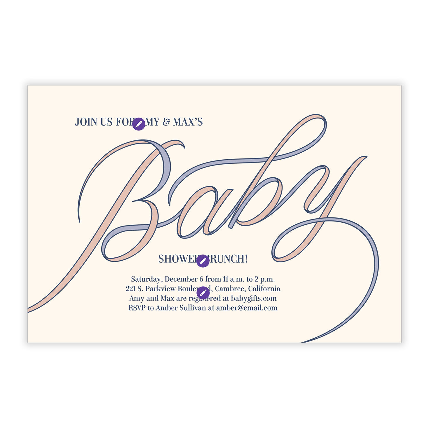 Pink Blue Script Personalized Baby Shower Invite Card Front indicating personalization image number 5