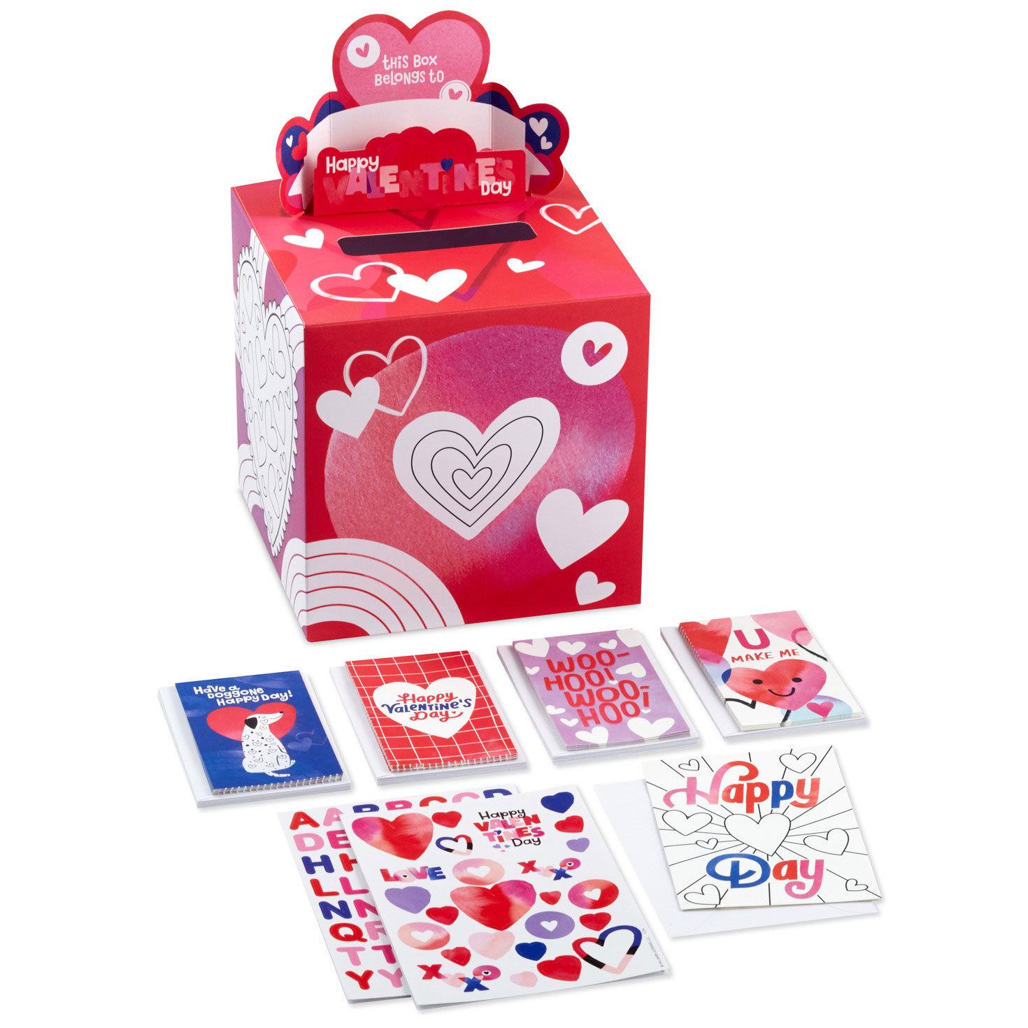 Happy Hearts Kids Classroom Valentines Set With Cards, Stickers and Customizable Mailbox