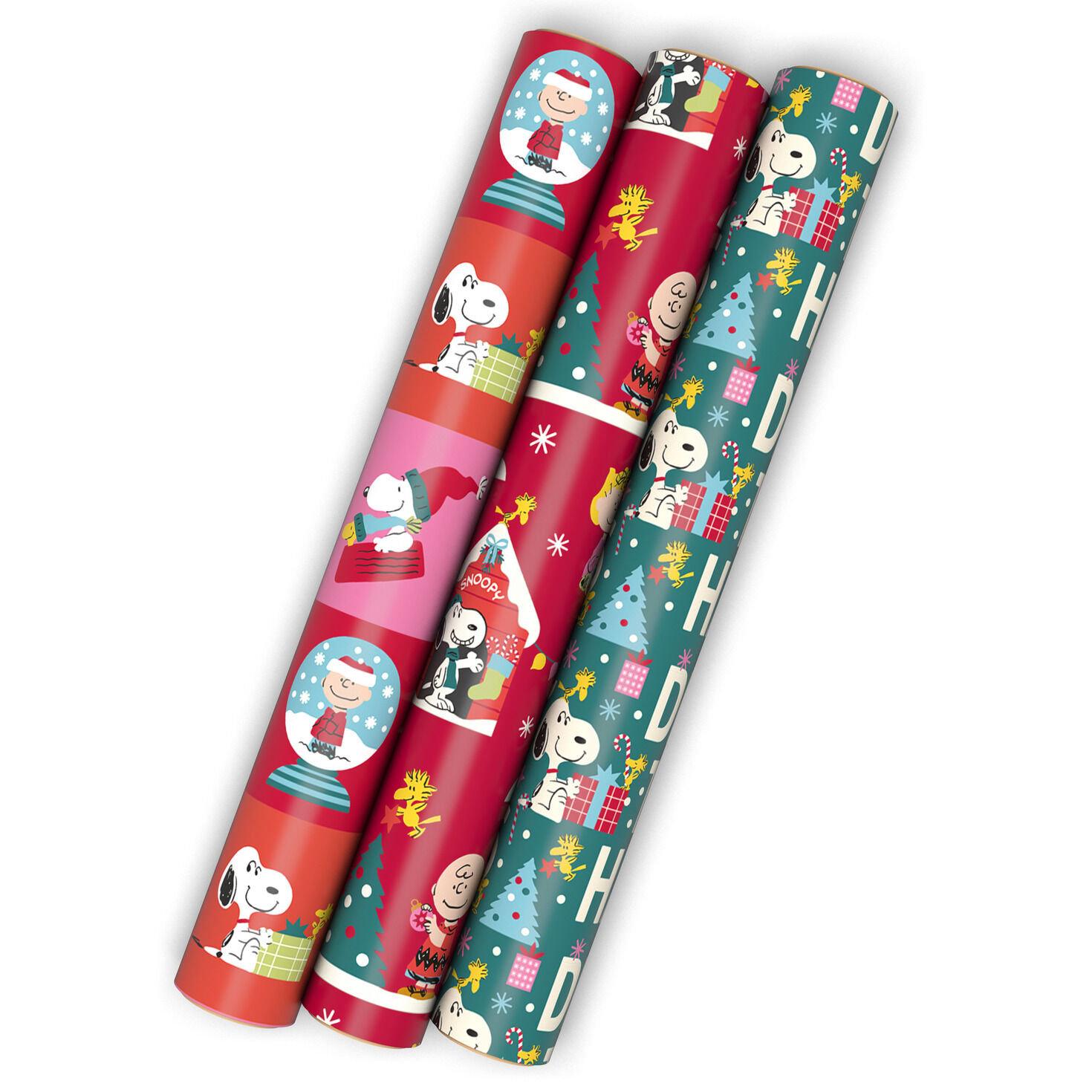 Peanuts® Deck the Halls, Snoopy 3-Pack Assorted Christmas Wrapping Paper Mini Roll Bundle, 54 sq. ft. total