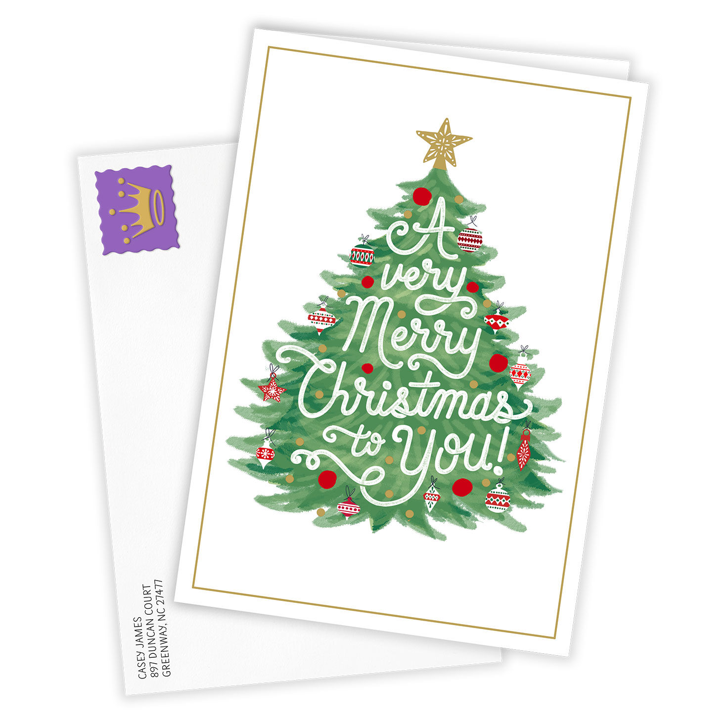 Script Greeting on Tree Personalized Christmas Card Card  front with Envelope  image number 2