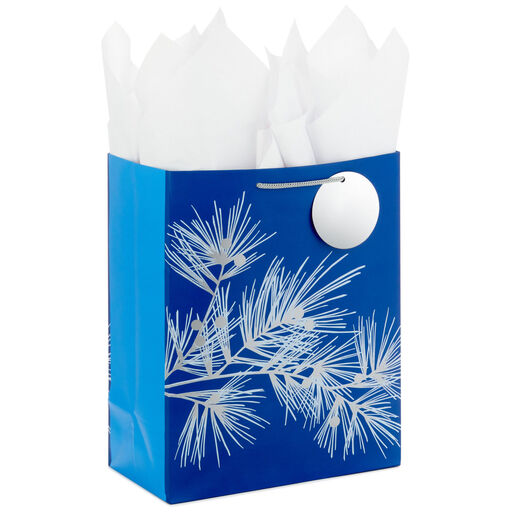 13" Silver Pine on Blue Large Holiday Gift Bag With Tissue Paper, 