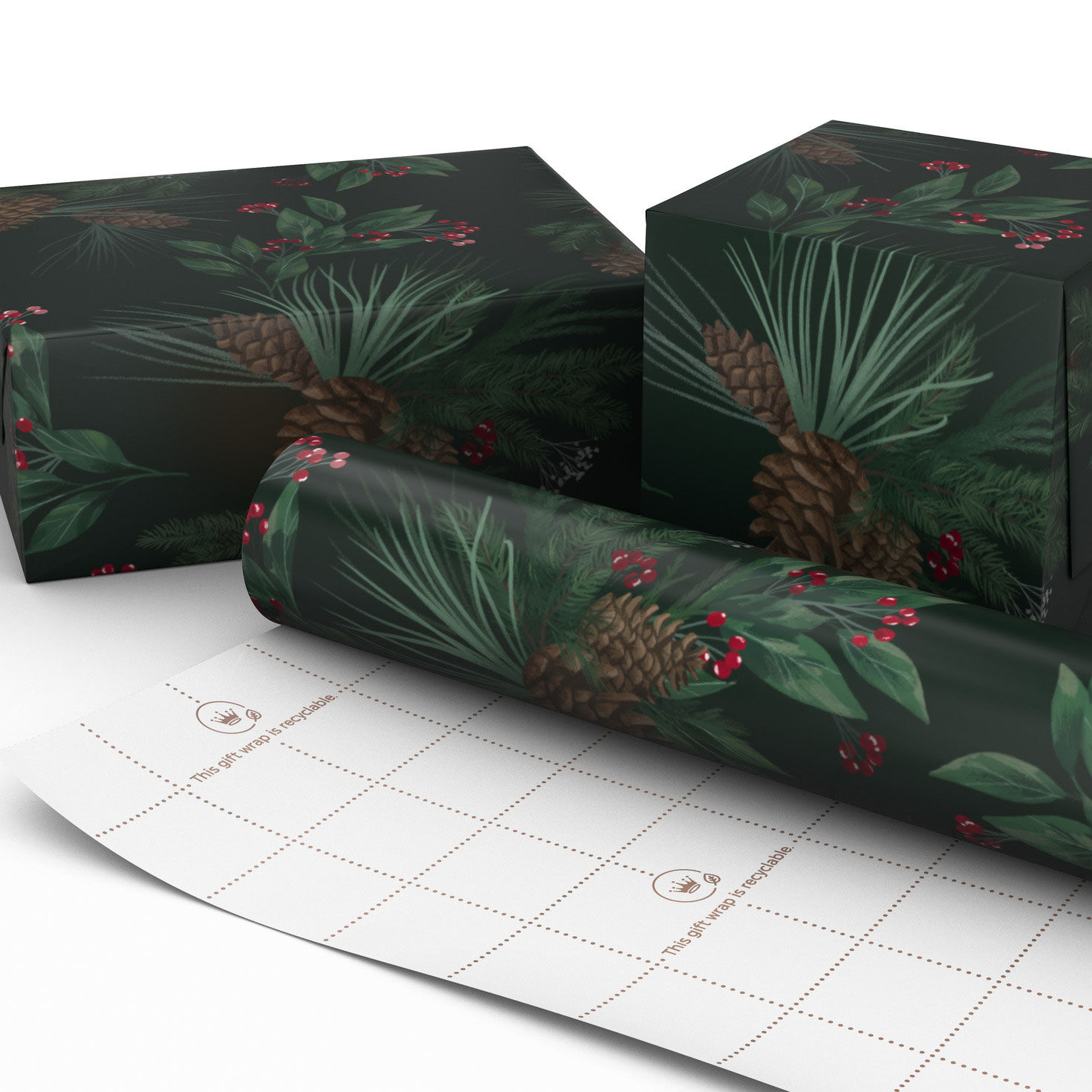 Pine-Scented Holiday Boughs on Black Christmas Gift Wrap Wrapped pkg image number 2