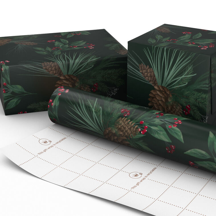 Pine-Scented Holiday Boughs on Black Christmas Gift Wrap Wrapped pkg image number 2