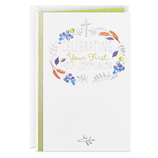 Wreath and Cross Religious First Communion Card, 