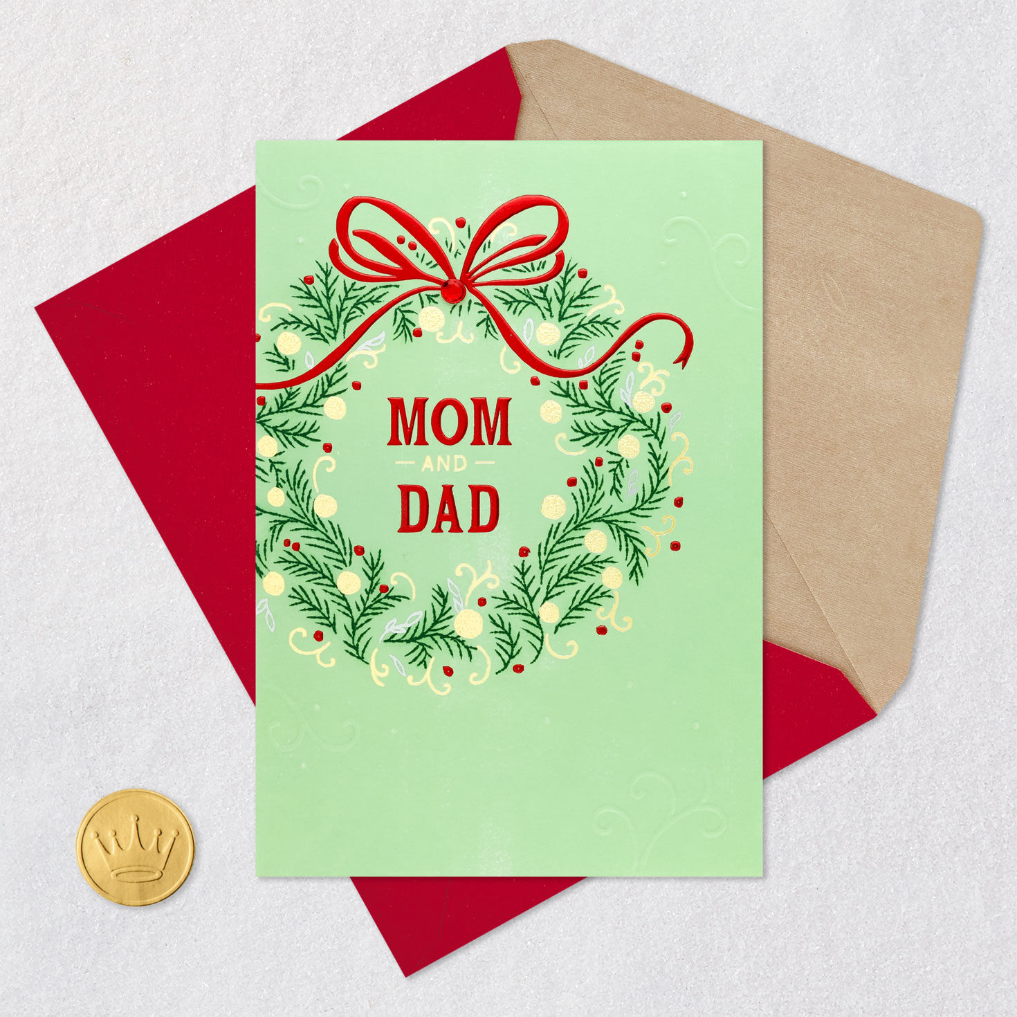 Green Wreath Christmas Card for Mom and Dad Card Front with Envelope and Gold Seal image number 6
