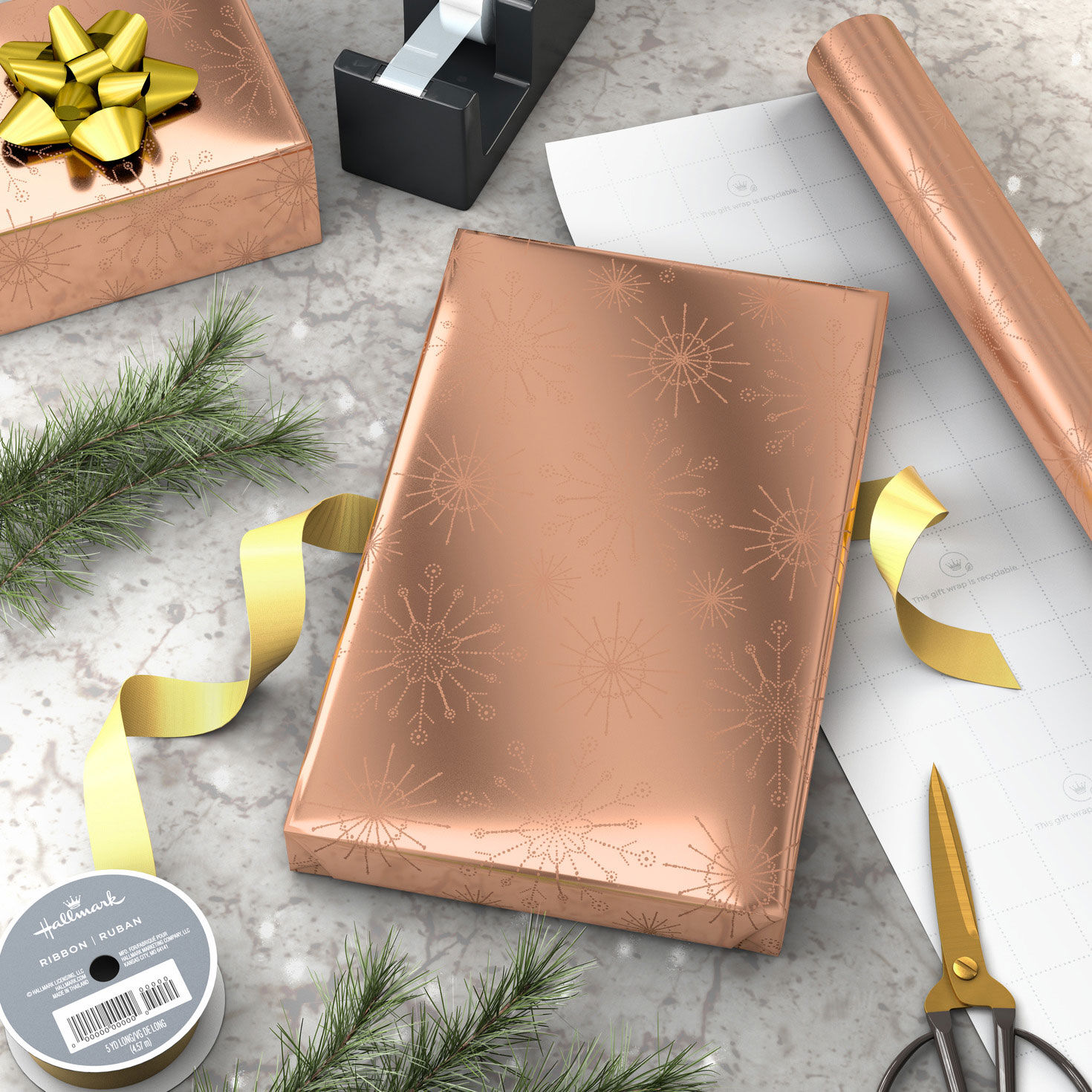 Rose Gold Snowflakes Holiday Gift Wrap Roll wrapped package image number 3