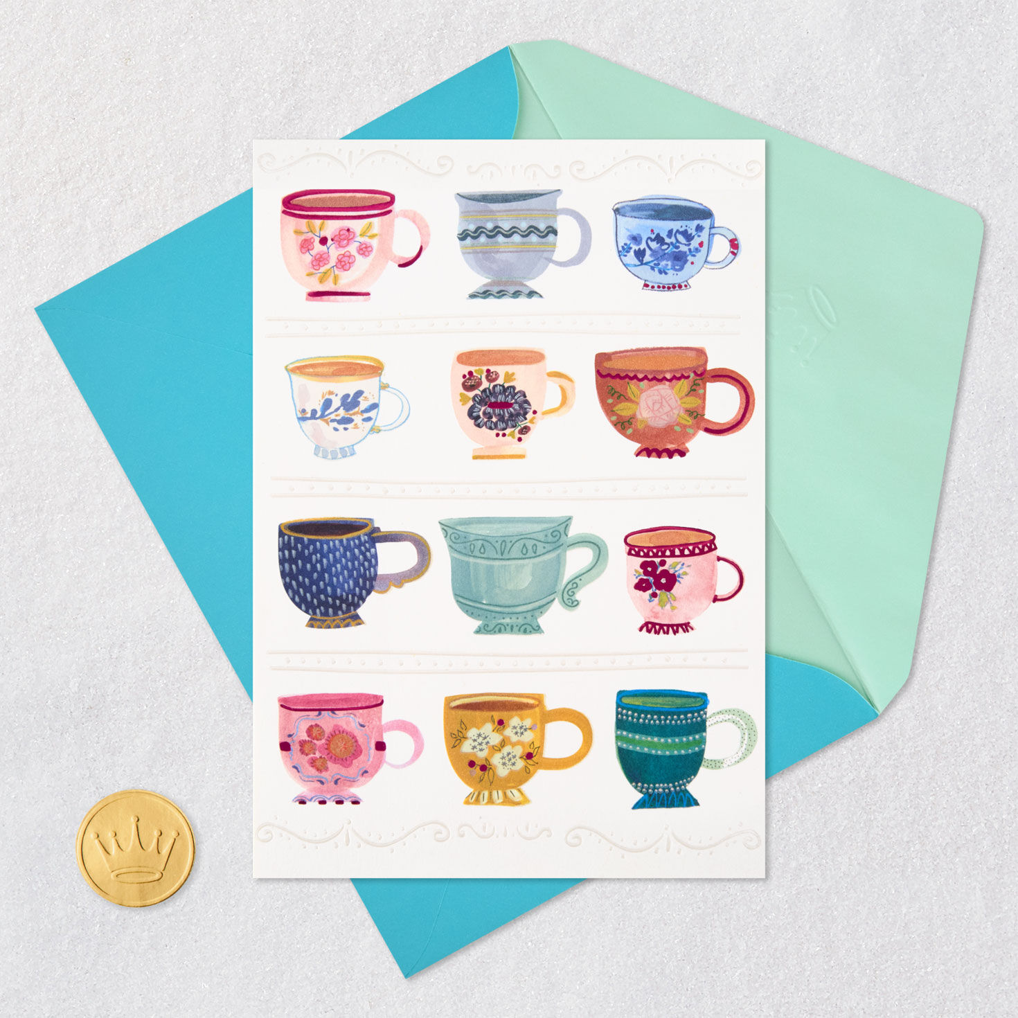 Colorful Patterned Teacups Blank Card Card Front with Envelope and Gold Seal image number 4