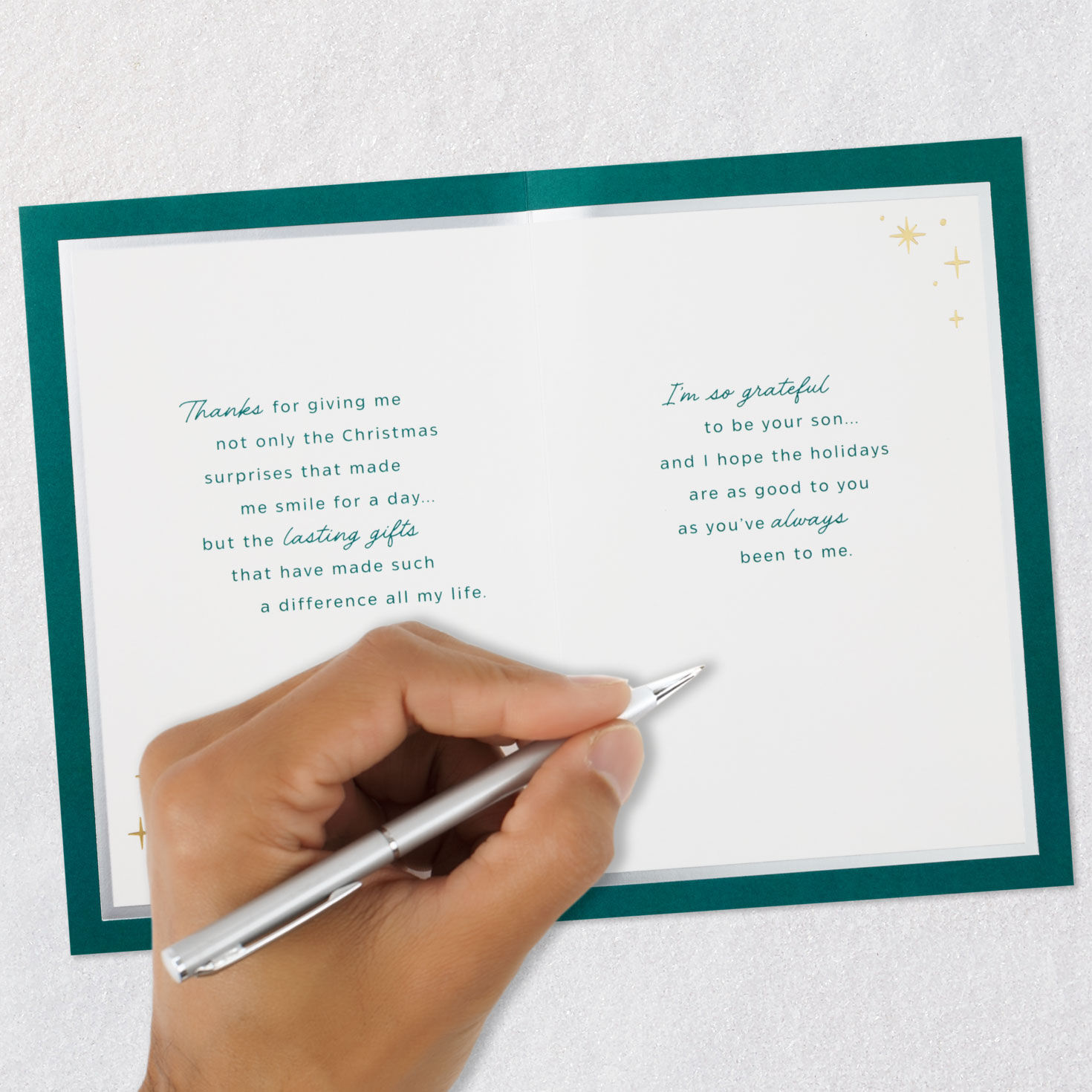Gold Foliage Christmas Card for Parents from Son Signing card image number 7