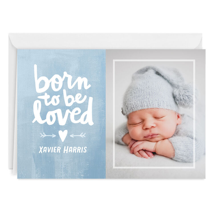 Personalized Born to Be Loved Blue New Baby Photo Card