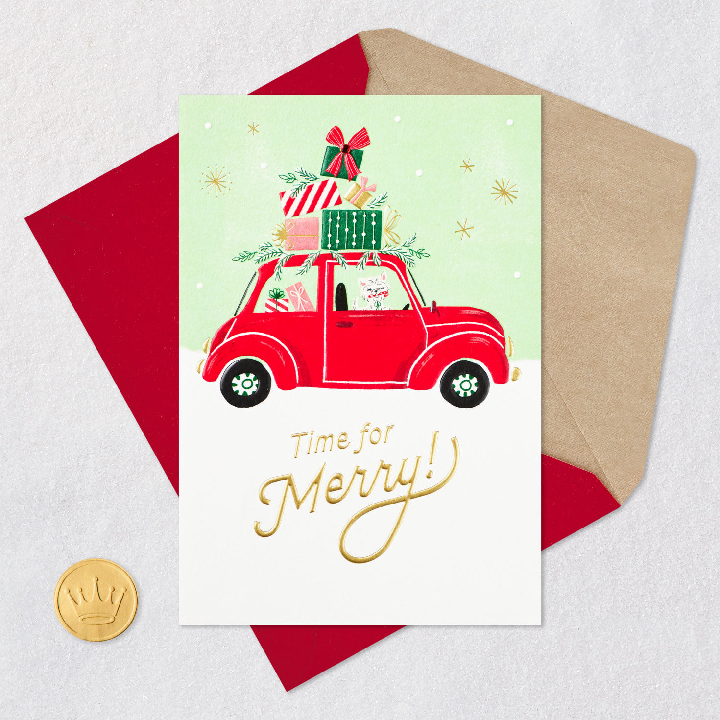 Vintage Car With Gifts Christmas Card Card Front with Envelope and Gold Seal image number 6