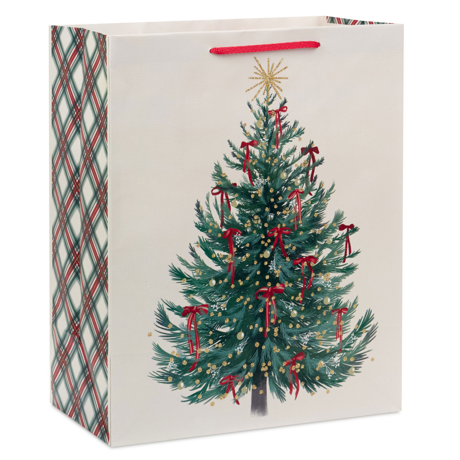13" Evergreen With Red Bows on Cream Large Christmas Gift Bag