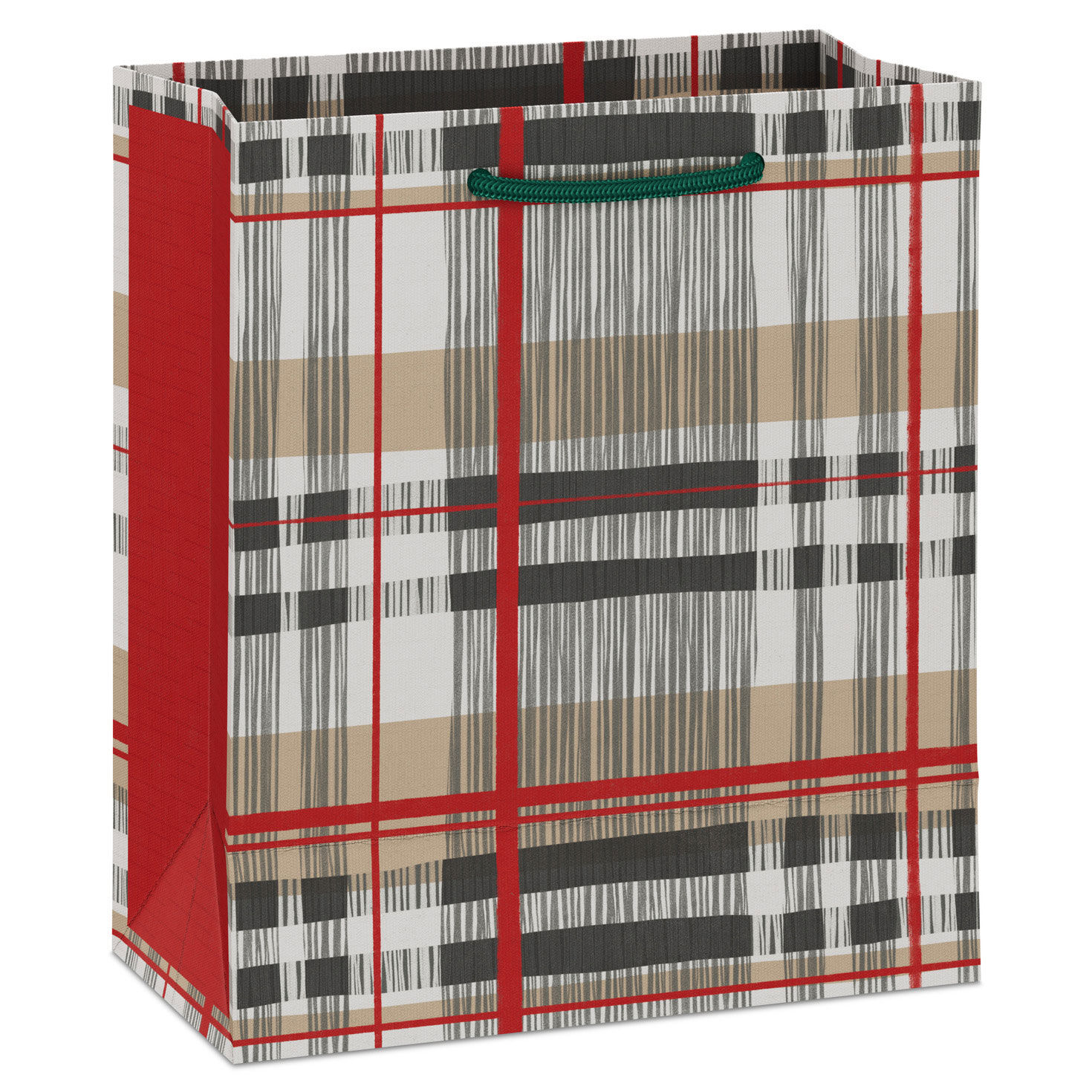 Khaki, Red and Gray Plaid Small Holiday Gift Bag Back image number 6