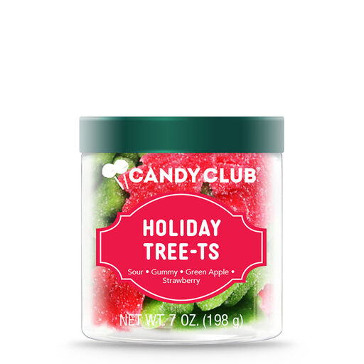 Candy Club Holiday Tree-ts Sour Green Apple and Strawberry Gummy Candies in Jar, 7 oz., 