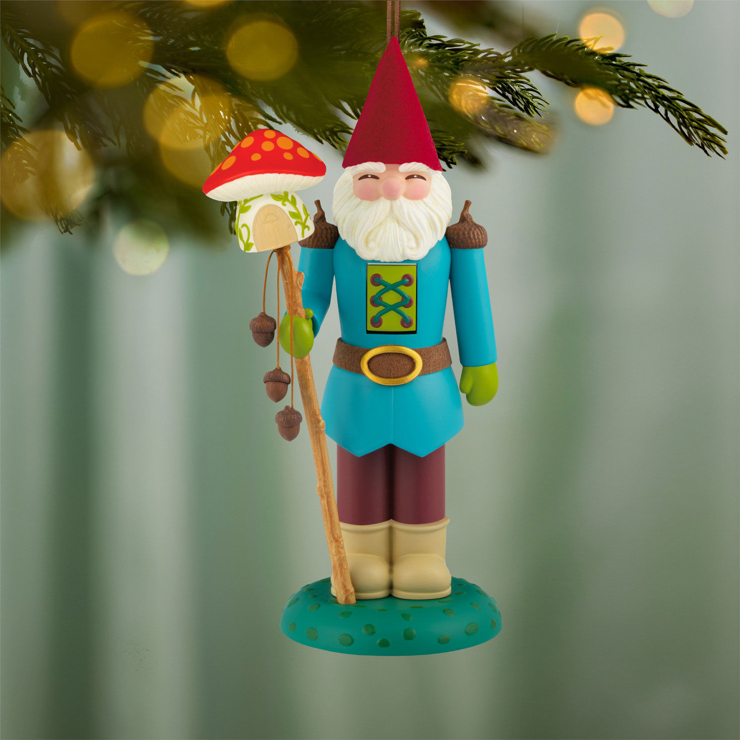 Gnome With Mushroom Nutcracker Keepsake Ornament hanging on tree image number 2
