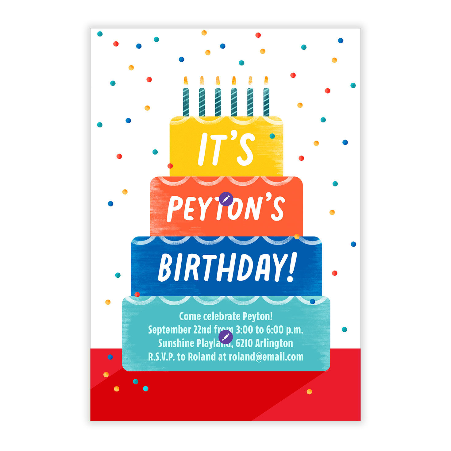 Tiered Cake and Confetti Personalized Party Invite Card Front indicating personalization image number 5