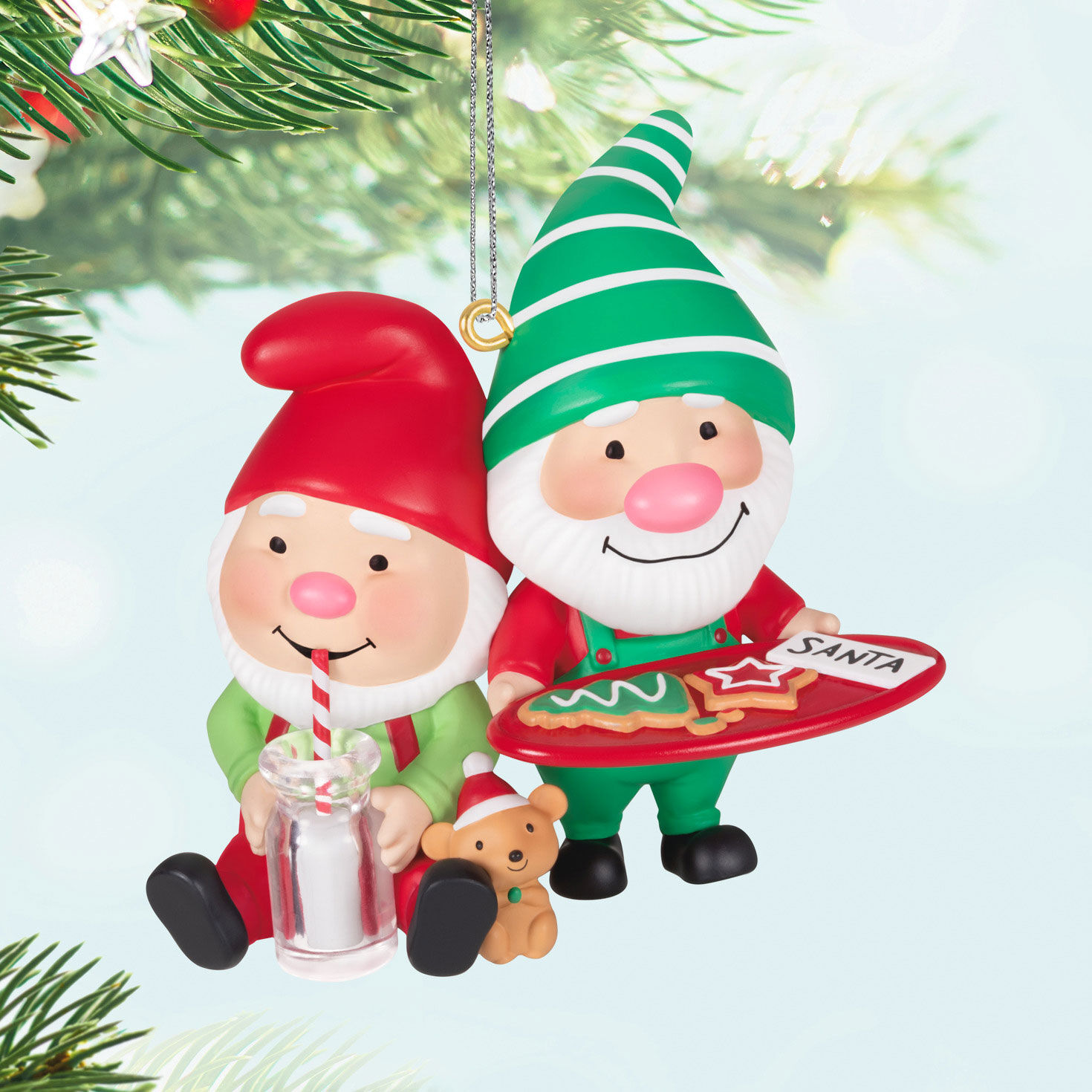 Gnomes With Milk and Cookies Keepsake Ornament Hanging on tree image number 2