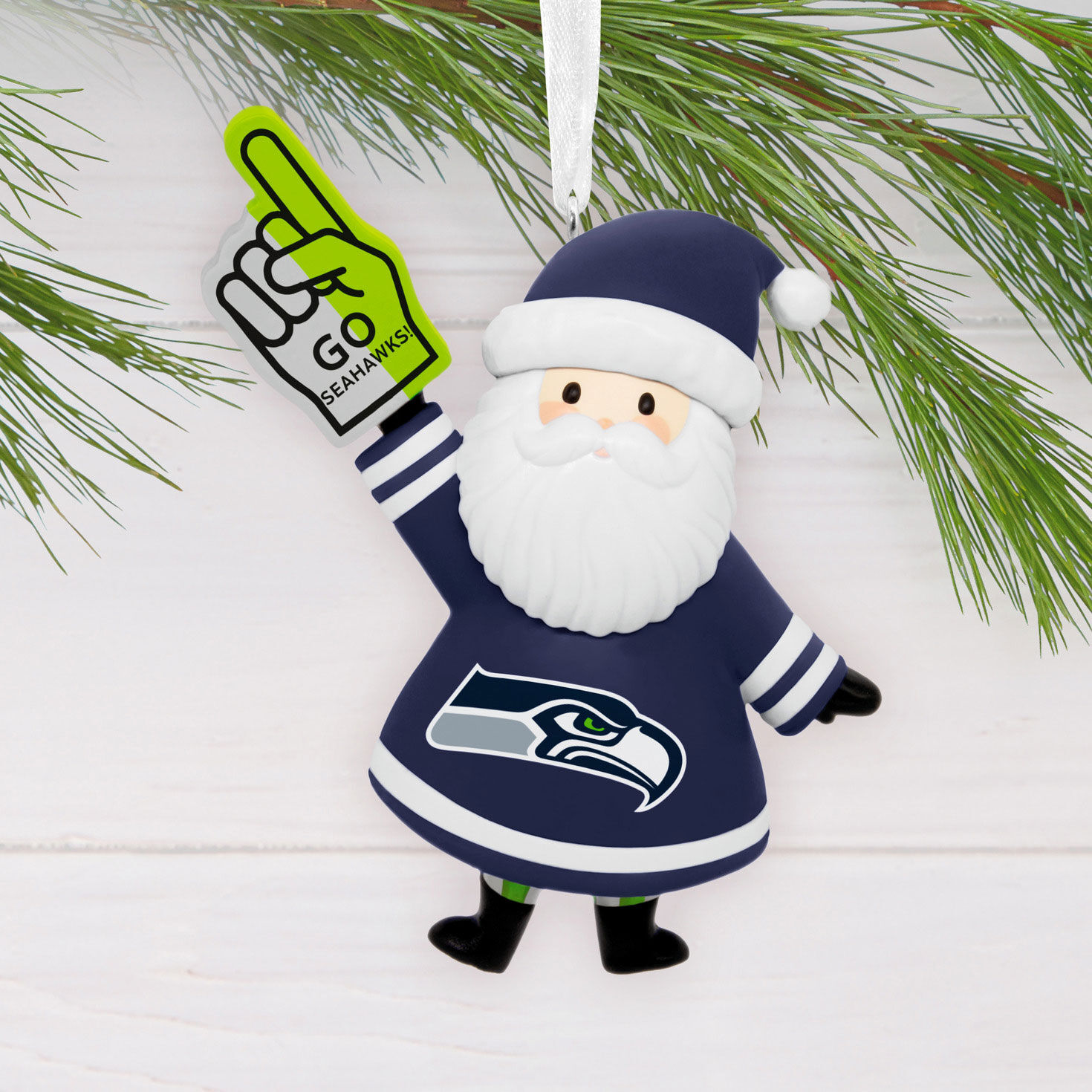 Seattle Seahawks Santa Fan Christmas Ornament hanging on tree image number 2
