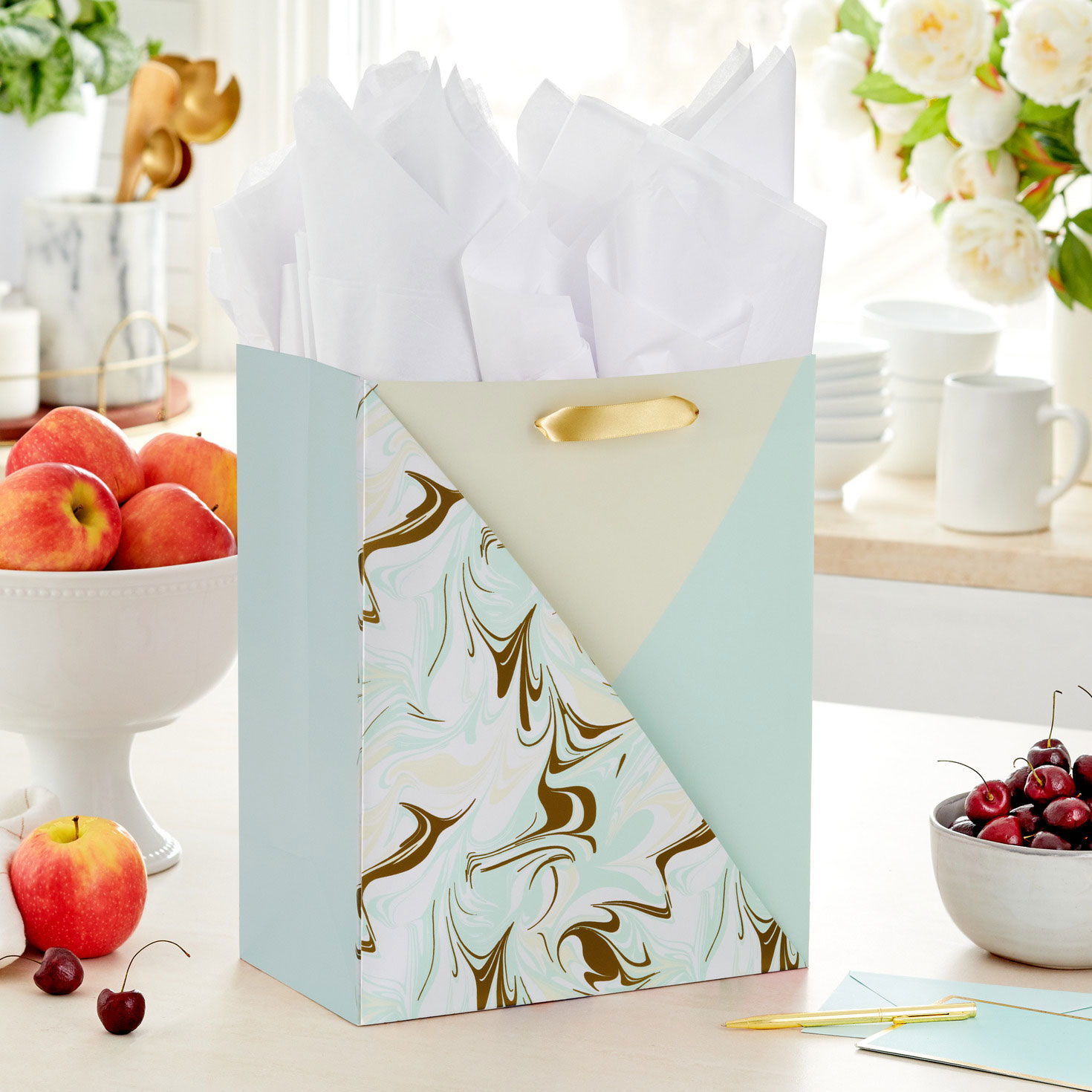 Triangles in Green, Tan and Marbled Large Gift Bag in use image number 2