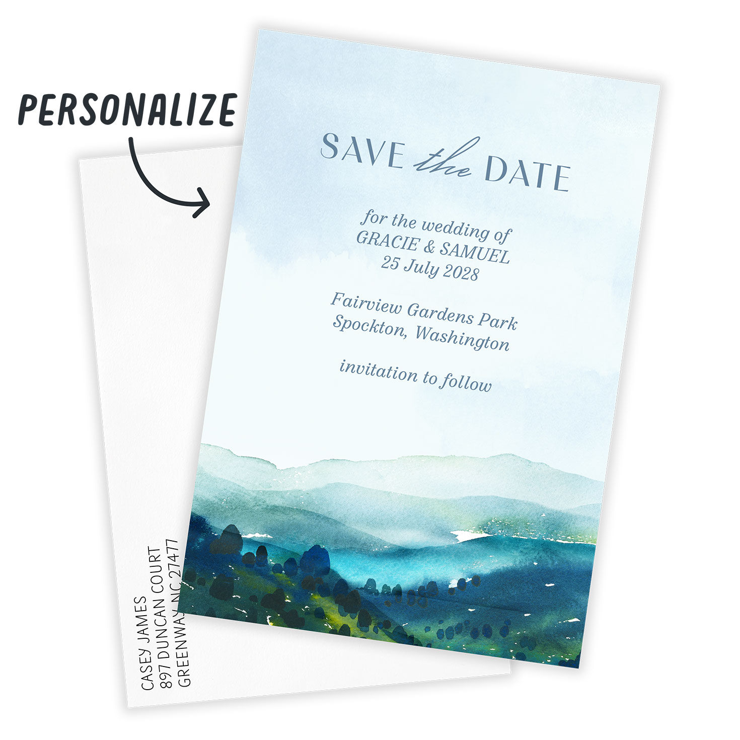 Mountain Scenery Personalized Save the Date Card Card Front indicating personalization image number 2