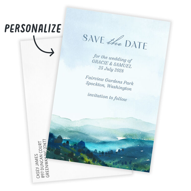 Mountain Scenery Personalized Save the Date Card Card Front indicating personalization image number 2