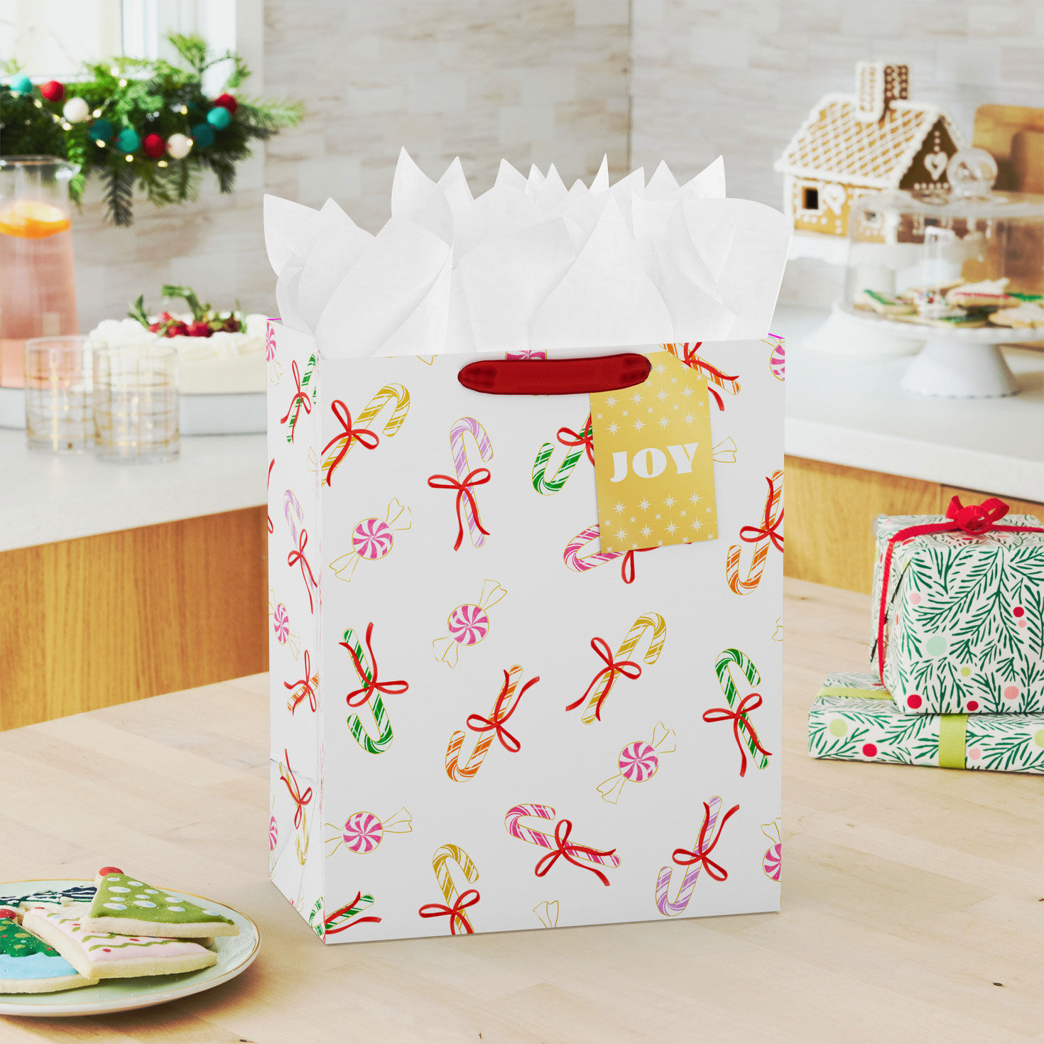 Colorful Candy Canes on White Large Holiday Gift Bag In use image number 2