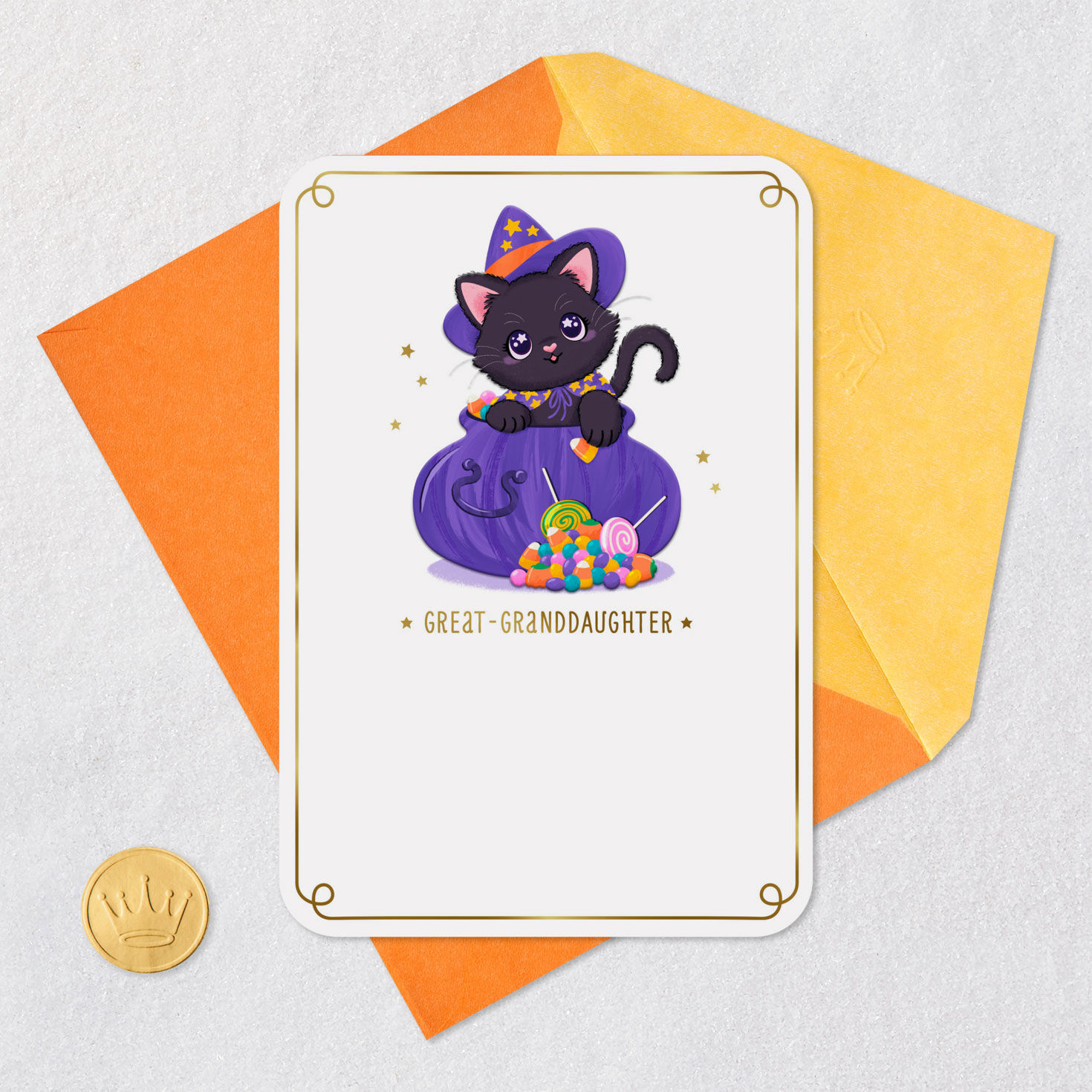 Black Cat in Cauldron Halloween Card for Great-Granddaughter Card Front with Envelope and Gold Seal image number 5