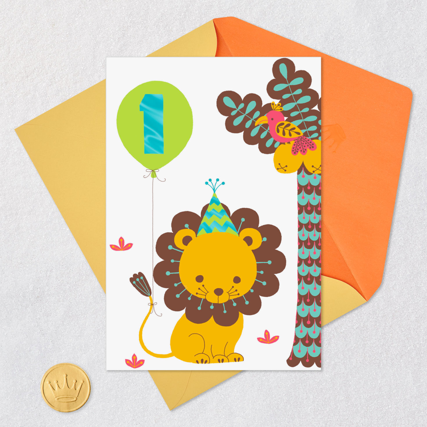 Lion Cub and Balloon Boys First Birthday Card Card Front with Envelope and Gold Seal image number 5