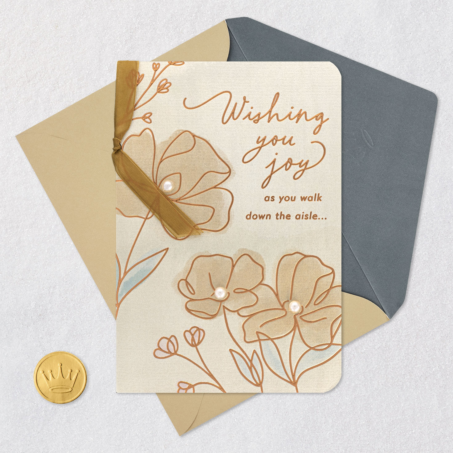 Flowers With Faux Pearls and Ribbon Wedding Card Card Front with Envelope and Gold Seal image number 5