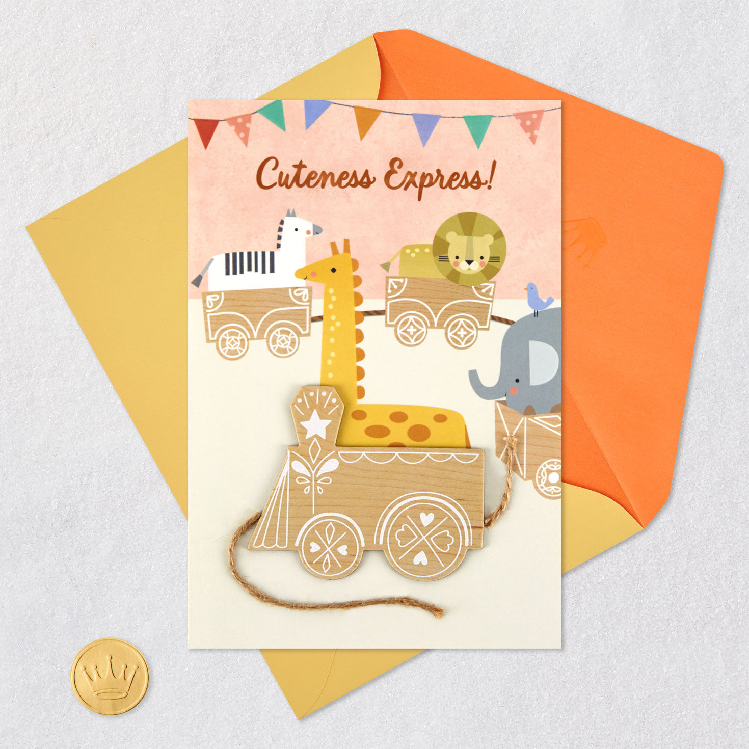 Zoo Animals in Train New Baby Girl Card Card Front with Envelope and Gold Seal image number 5