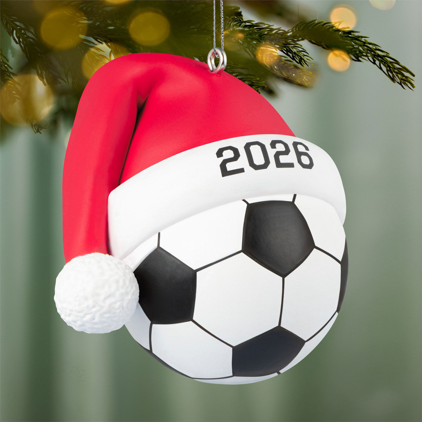 Soccer Ball With Santa Hat 2026 Keepsake Ornament hanging on tree image number 2