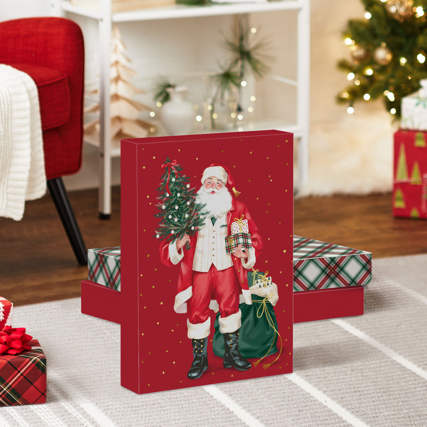 Santa and Plaid 3-Pack Large Christmas Gift Boxes in use image number 2