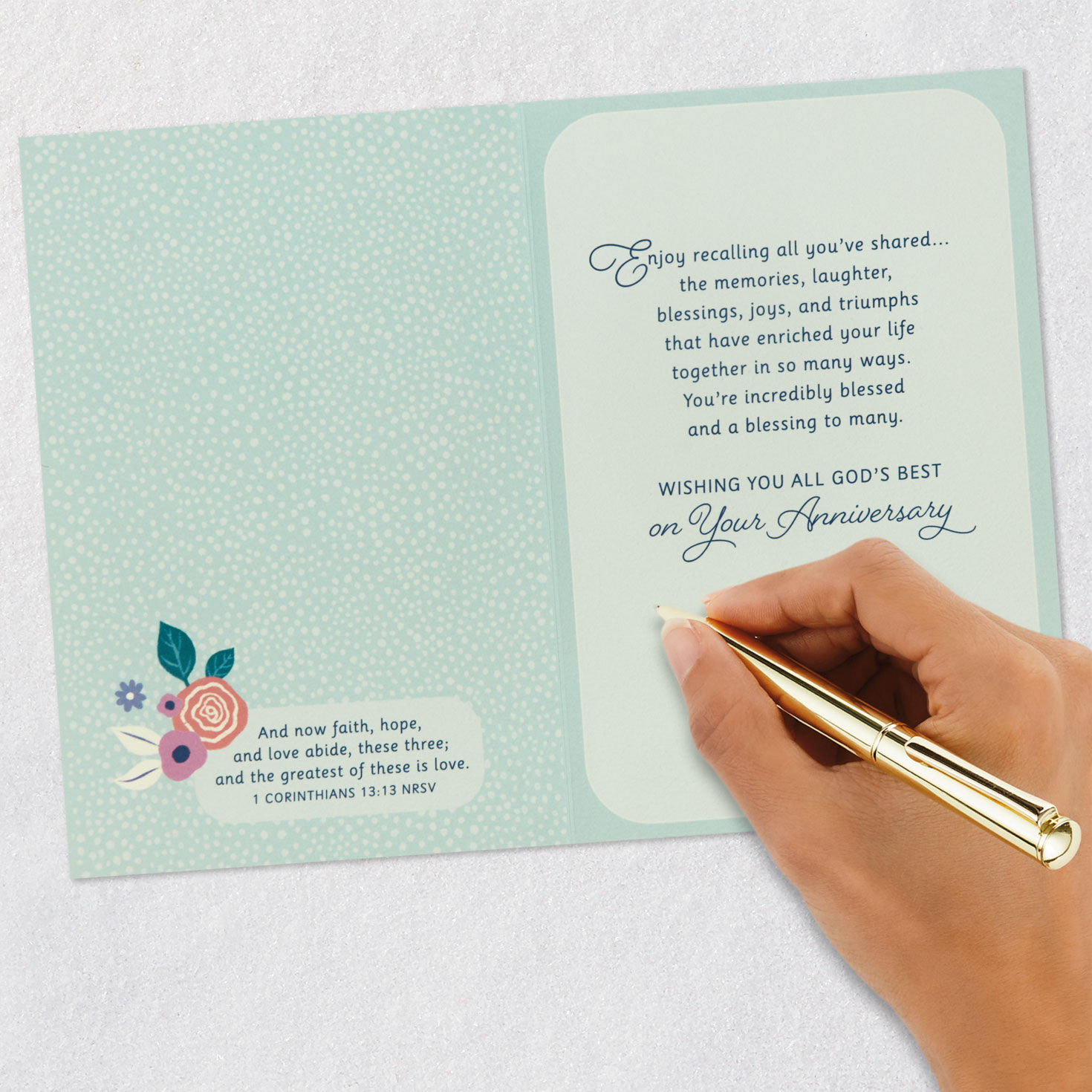 Painted Spring Flowers and Butterfly on Light Blue Anniversary Card Signing card image number 7