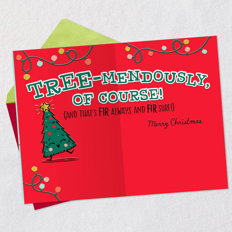 Lights and Tree Pun Funny Christmas Card for Niece Open card with envelope image number 2