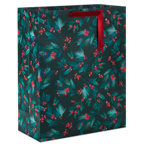 15.5" Greenery and Berries on Black Extra-Large Christmas Gift Bag, , large