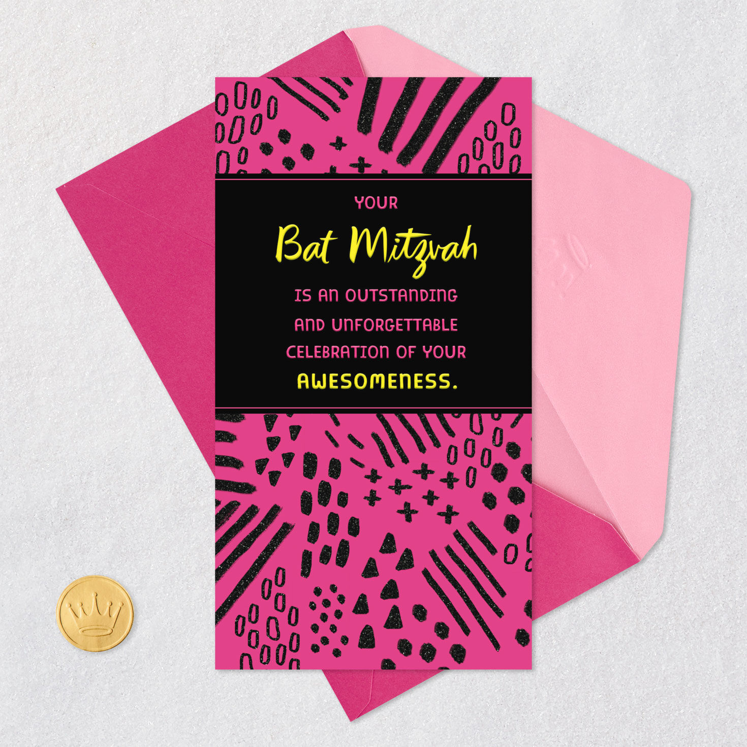 Pink and Black Doodles Bat Mitzvah Gift Card Holder Card Front with Envelope and Gold Seal image number 6
