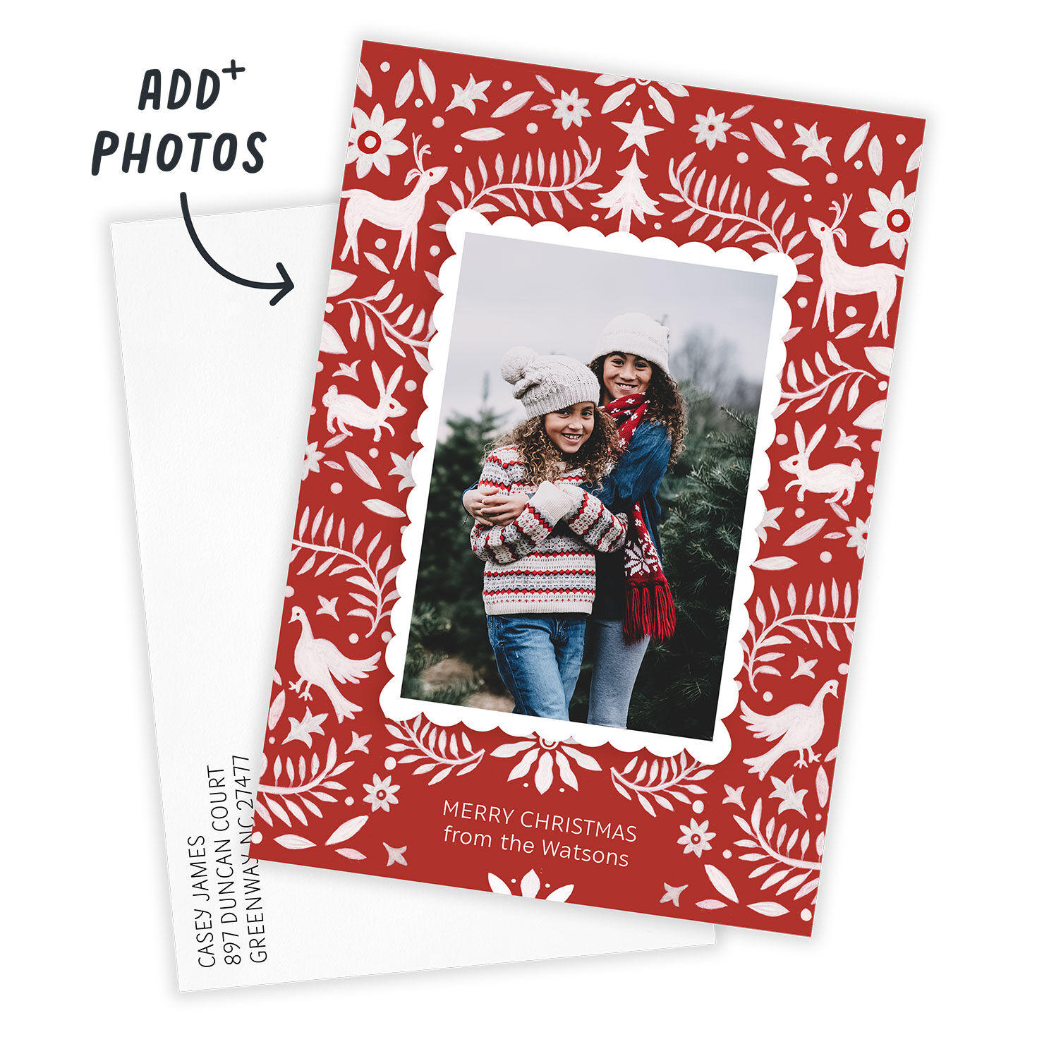 Red Nordic Pattern Personalized Christmas Photo Card Card with Envelope indicating personalization image number 2