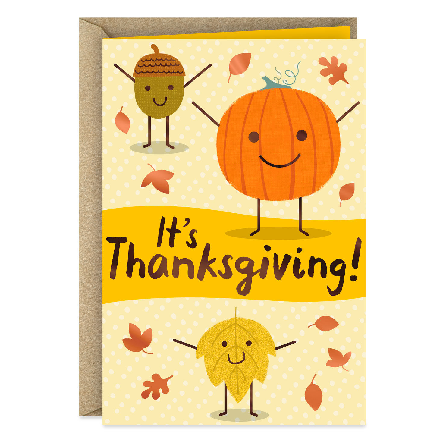 Fun and Happy Pumpkin, Acorn and Leaf Thanksgiving Card