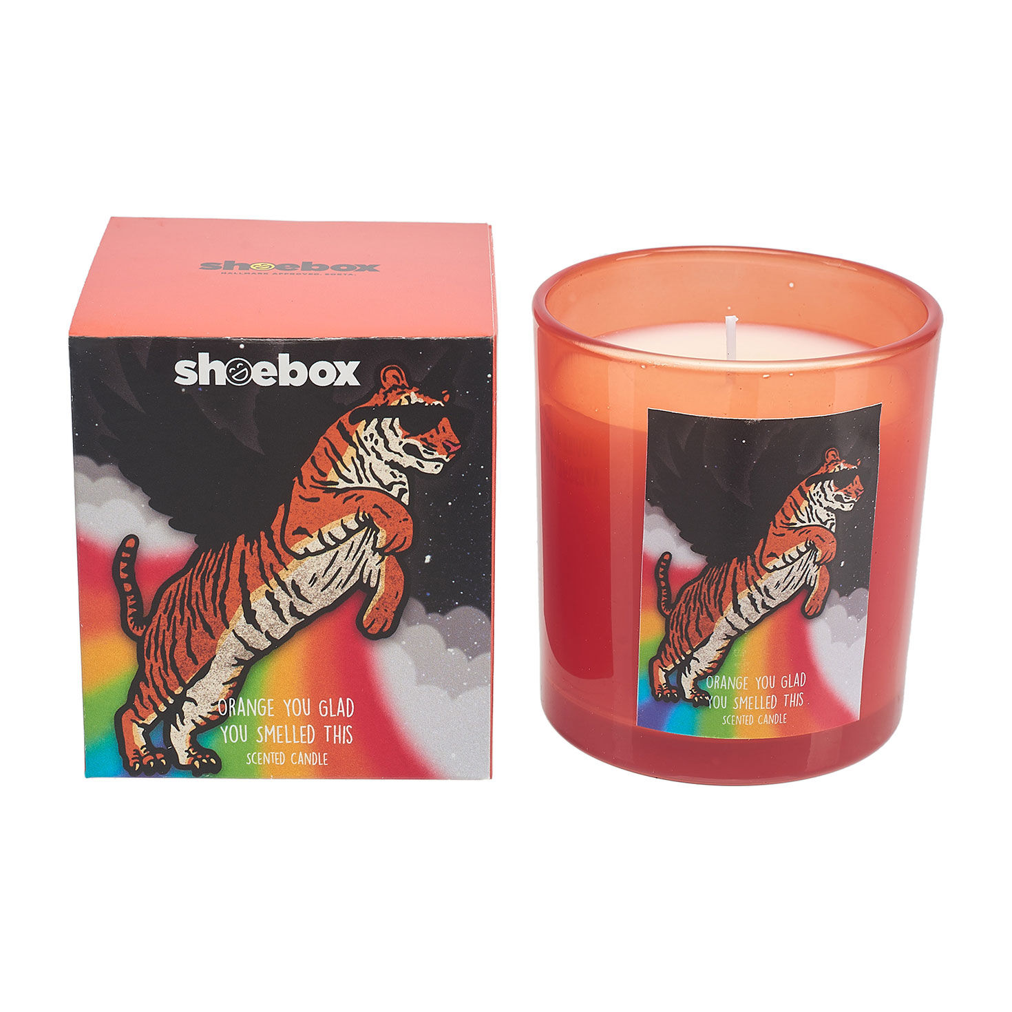 Rainbow Tiger Orange Scented Candle in Orange Glass Jar front with packaging image number 1